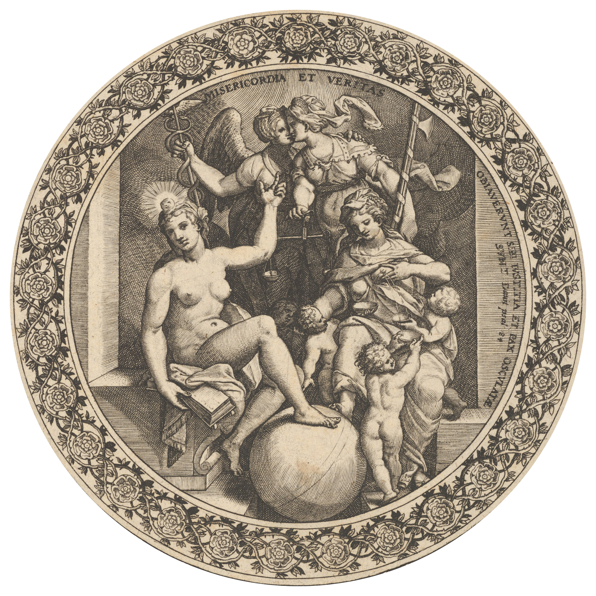 Scene with Misericordia and Veritas in a Circle at Center, Theodor de Bry, 1580–1600, The Metropolitan Museum of Art, Public Domain.
